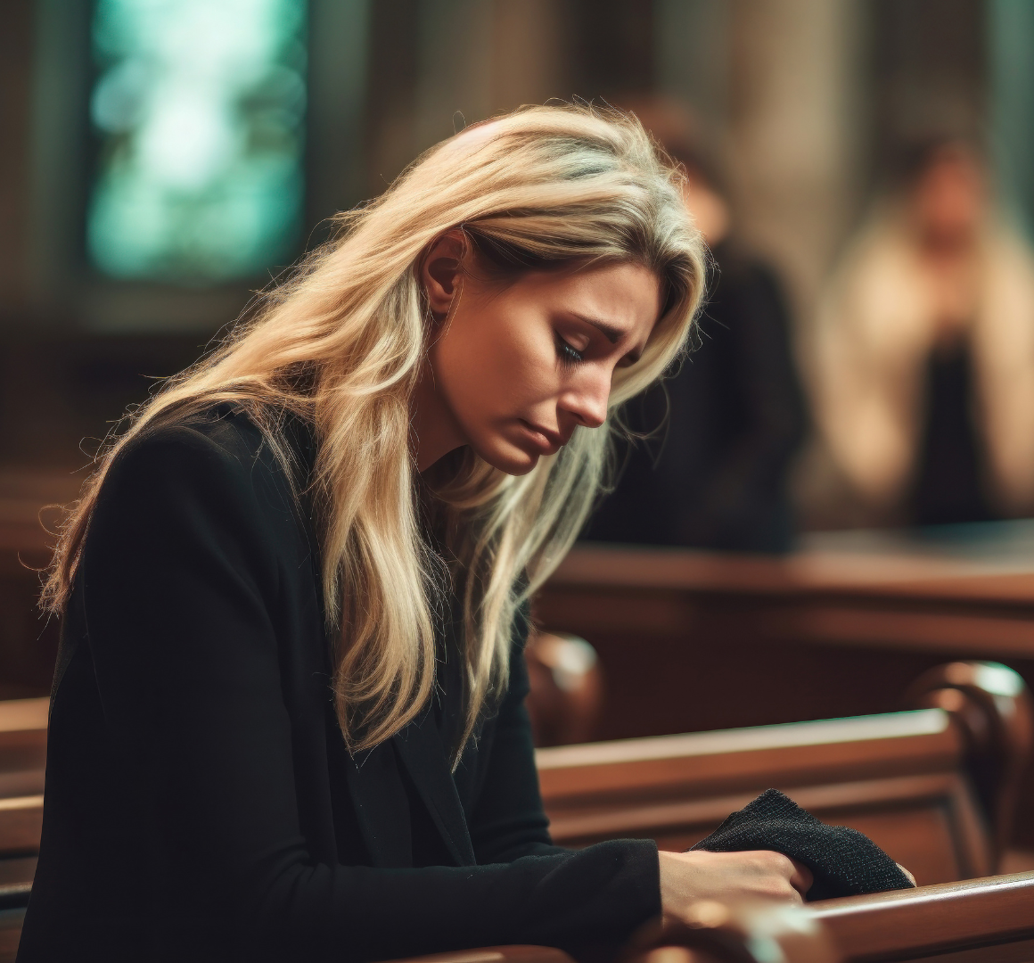 A blonde woman, dressed in black, sits on a brown wooden pue in a church with stained glass windows. Her head is lowered and her face is saddened. there are other blurry figures in the background.