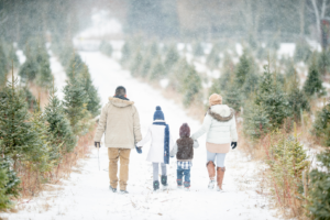 A family of four hikes ahead, down a snowy road, surrounded by Pine trees of different sizes. The father carries an axe.