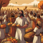 Ai generated Illustration depicting a large crowd of people from Biblical times celebrating and dividing the recent harvest.