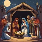 Ai Generated Illustration of the Holy Family in the manger, surrounded by shepherds, wisemen and animals celebrating the birth of Jesus.