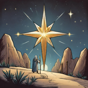 Ai generated illustration depicting a large, yellow star shining over the desert. A shepherd looks up at it in wonder.